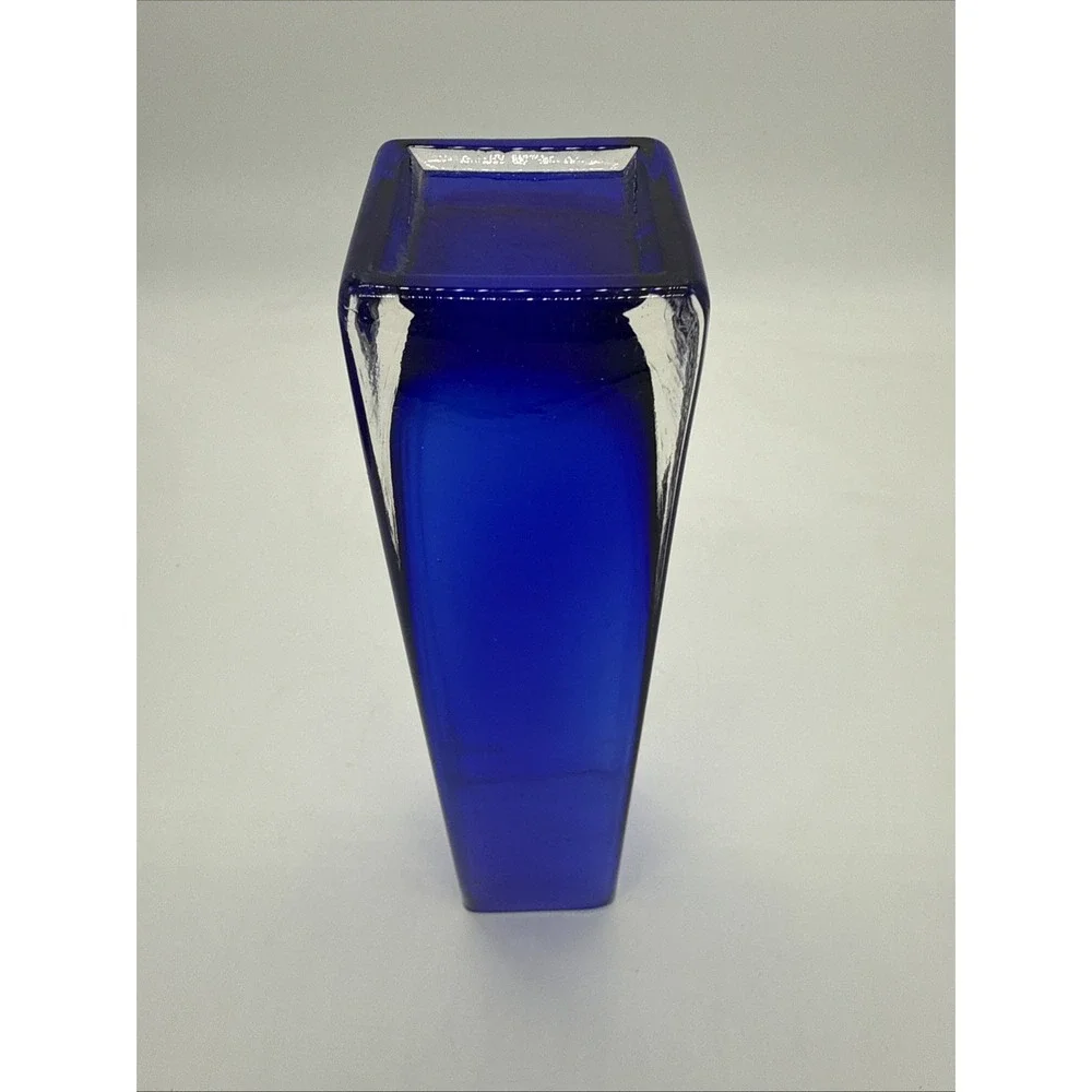 VTG Mid Century Modern MCM COBALT BLUE Rectangular VASE Clear Square Base 10